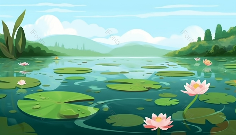 优美夏天夏至荷花盛开开花荷叶植物水面户外景色自然插画,插画/手绘图,插画/手绘图库,插画/手绘图下载,插画/手绘